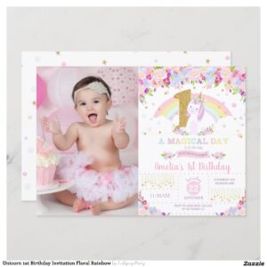 Unicorn 1st Birthday Invitation Floral Rainbow