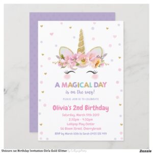 Unicorn 1st Birthday Invitation Girls Gold Glitter