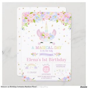 Unicorn 1st Birthday Invitation Rainbow Floral