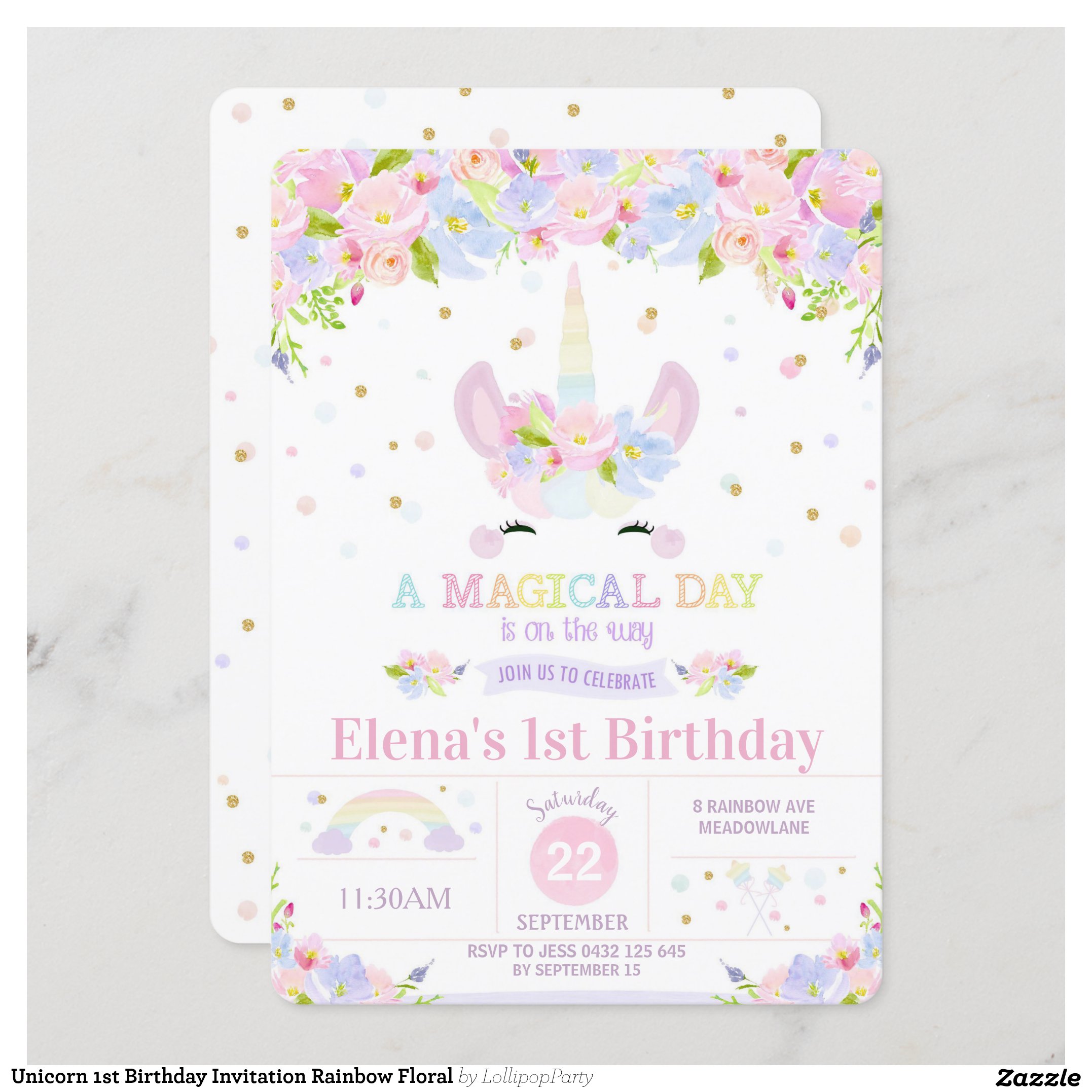 Unicorn 1st Birthday Invitation Rainbow Floral