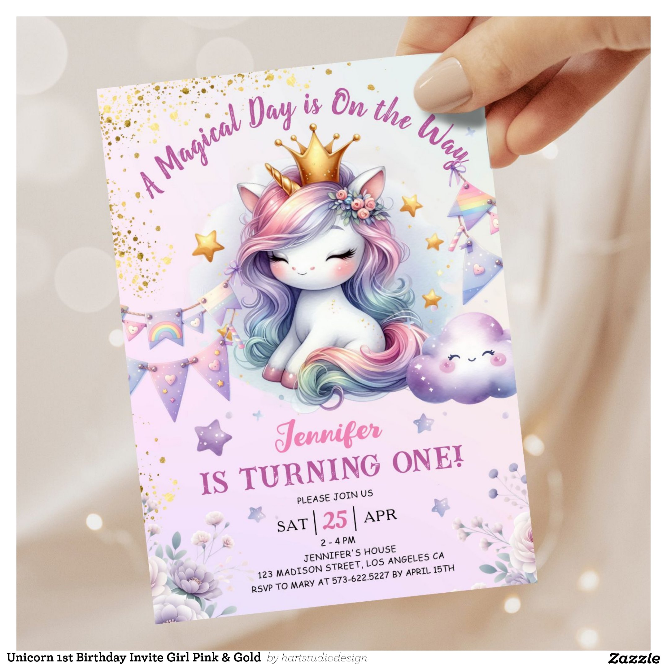 Unicorn 1st Birthday Invite Girl Pink & Gold