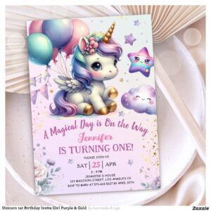 Unicorn 1st Birthday Invite Girl Purple & Gold