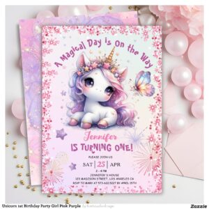 Unicorn 1st Birthday Party Girl Pink Purple Invitation
