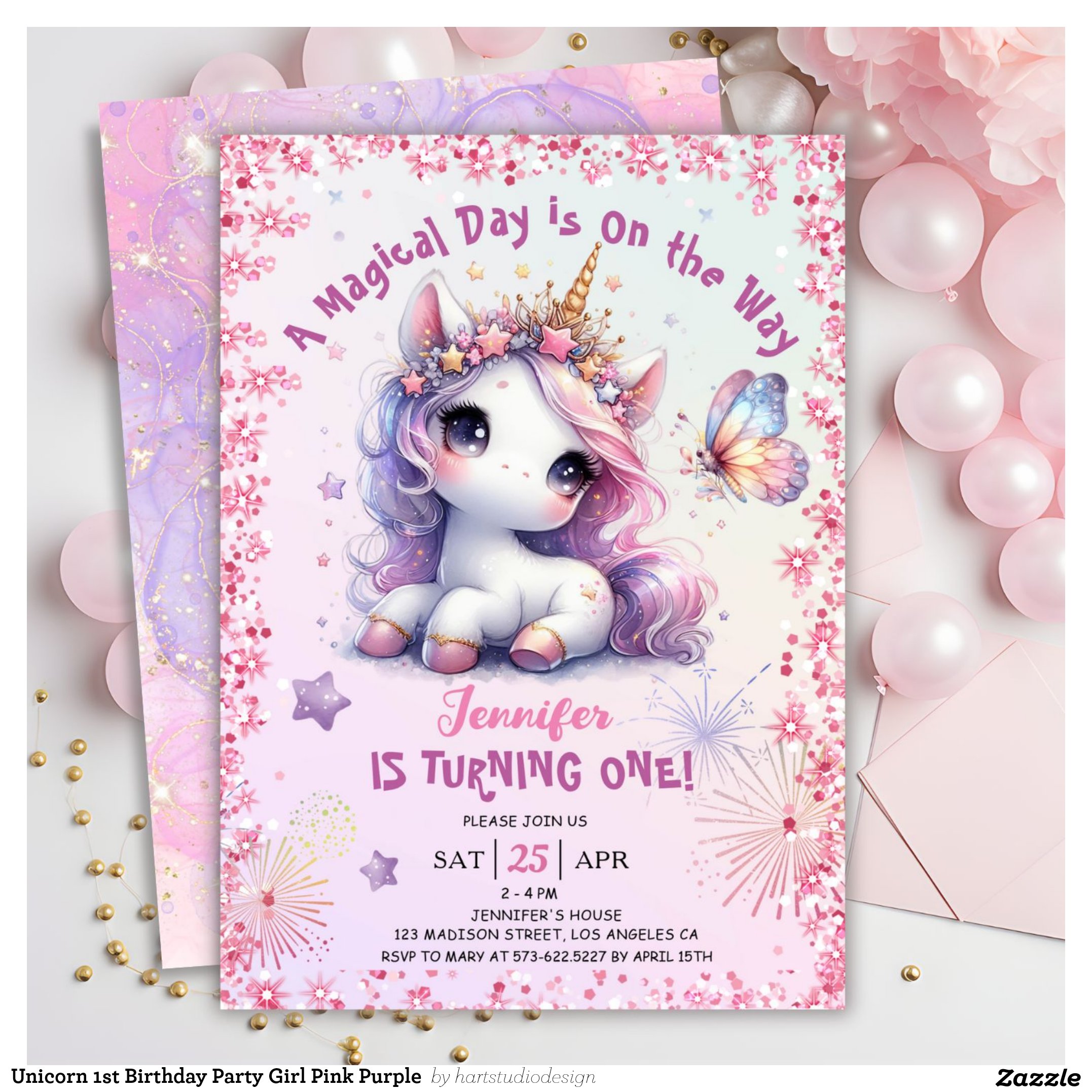 Unicorn 1st Birthday Party Girl Pink Purple Invitation