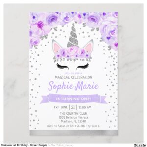 Unicorn 1st Birthday - Silver Purple Invitation