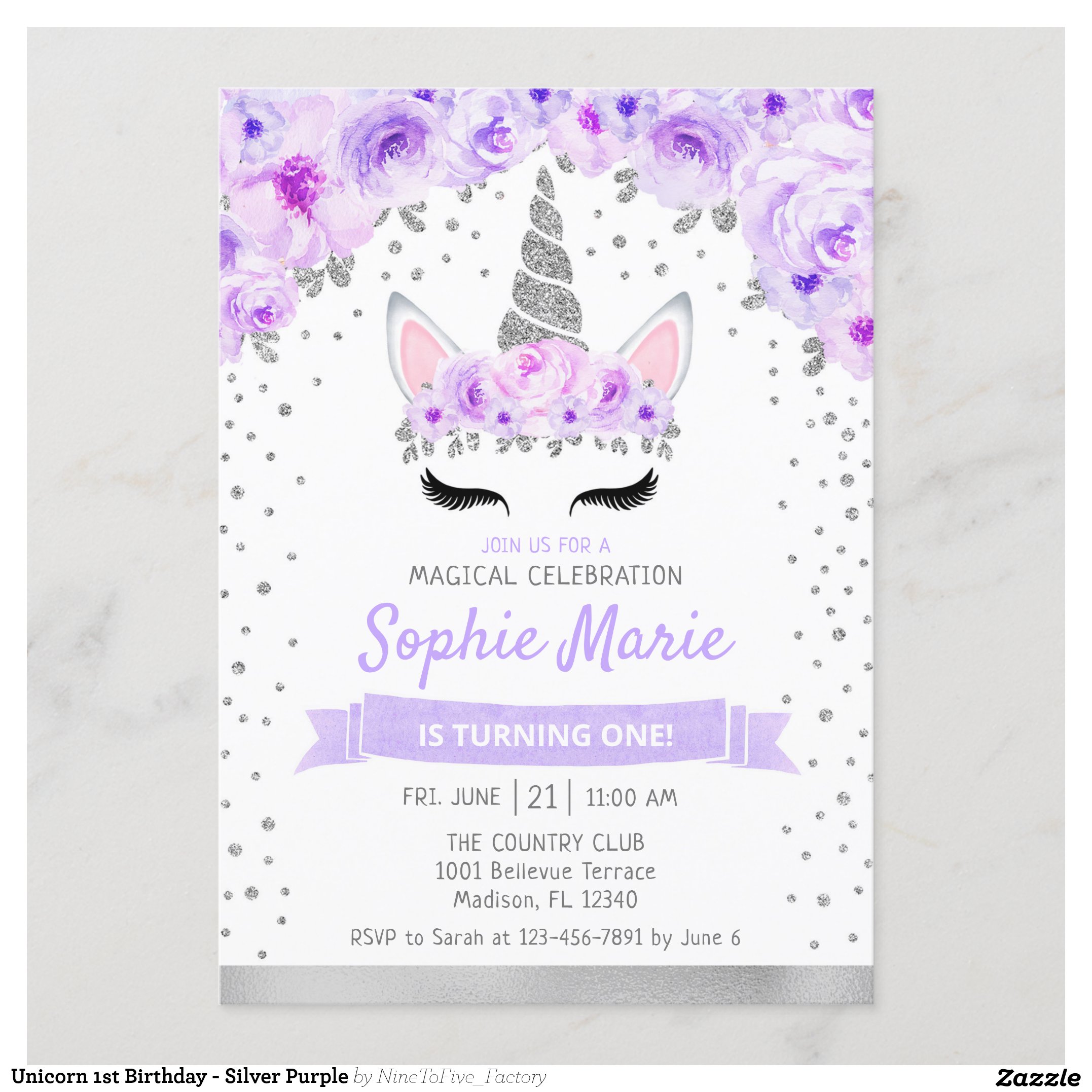 Unicorn 1st Birthday - Silver Purple Invitation