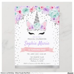 Unicorn 1st Birthday - Silver Purple Teal Pink Invitation
