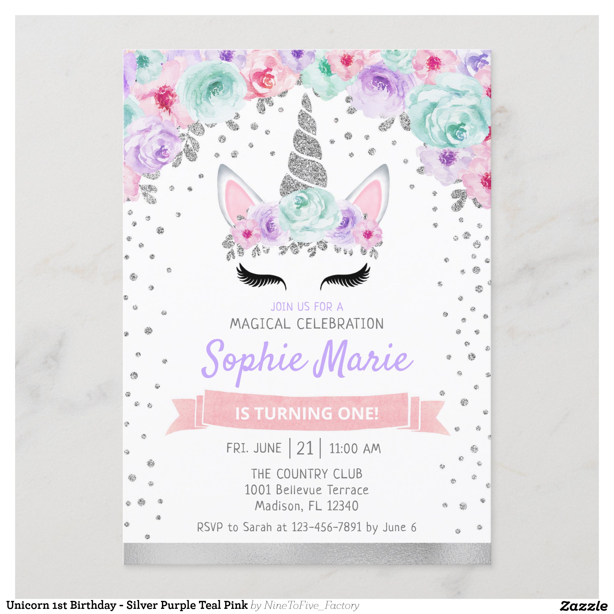 Unicorn 1st Birthday - Silver Purple Teal Pink Invitation