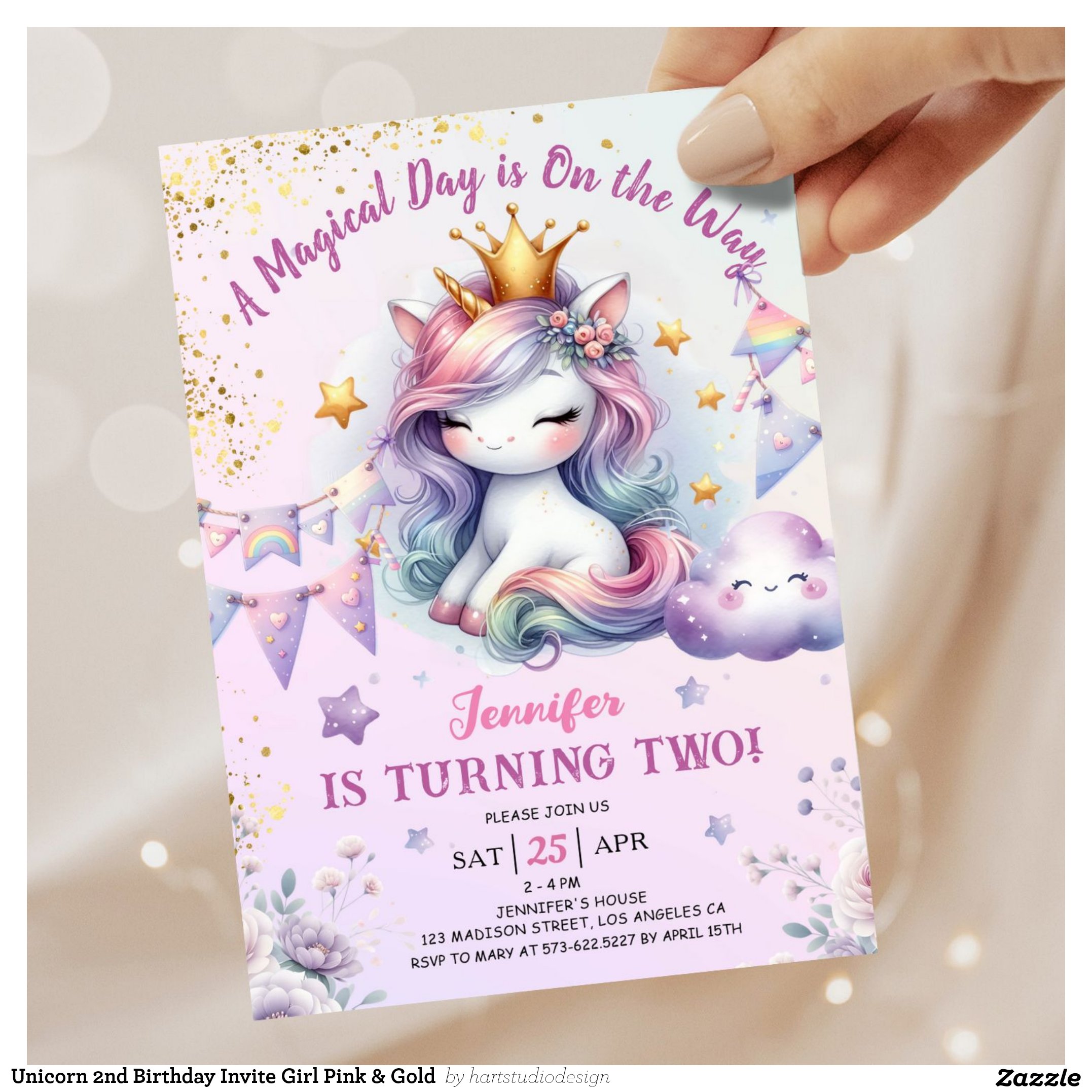 Unicorn 2nd Birthday Invite Girl Pink & Gold