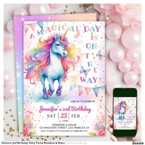 Unicorn 3rd Birthday Fairy Floral Rainbow & Stars Invitation