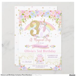 Unicorn 3rd Birthday Invitation Floral Rainbow