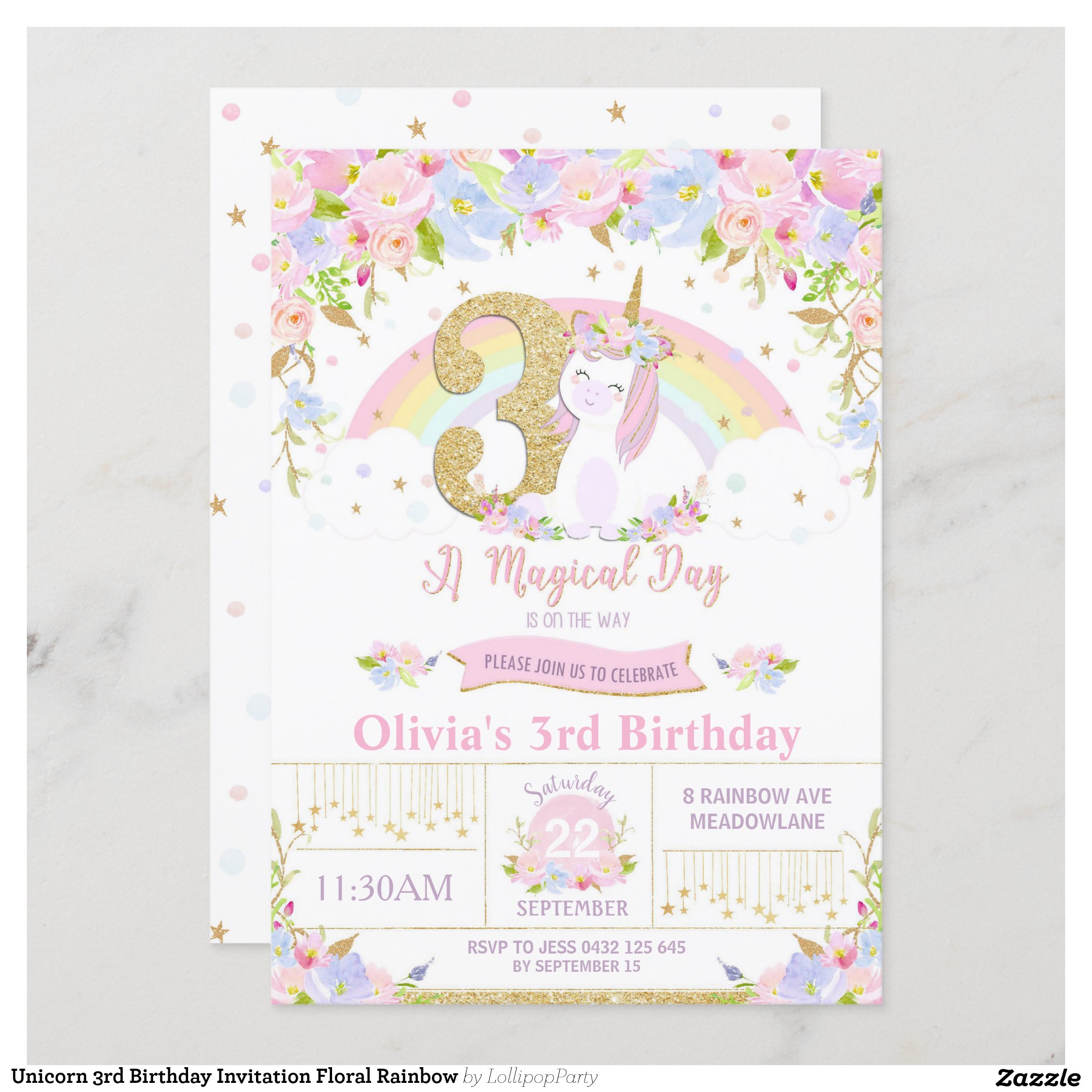 Unicorn 3rd Birthday Invitation Floral Rainbow