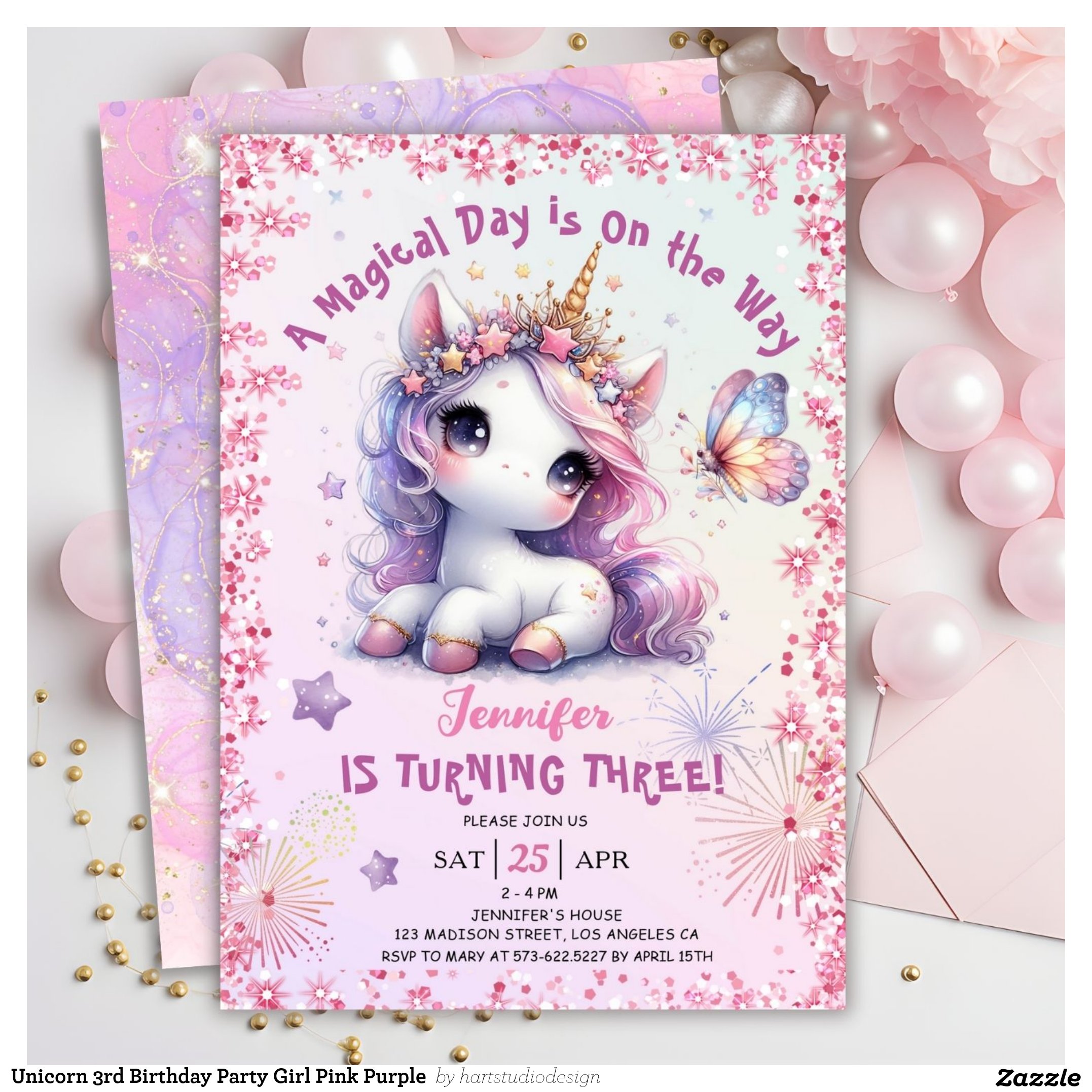 Unicorn 3rd Birthday Party Girl Pink Purple Invitation
