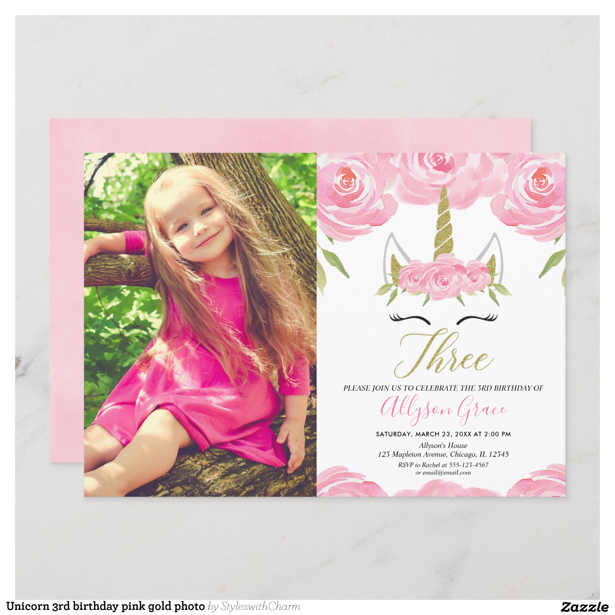 Unicorn 3rd birthday pink gold photo invitation