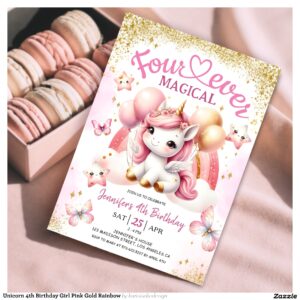 Unicorn 4th Birthday Girl Pink Gold Rainbow Invitation