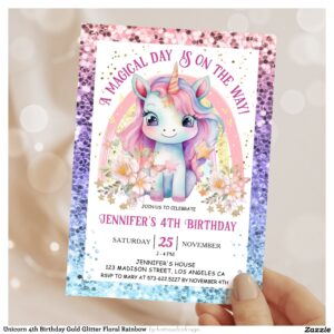 Unicorn 4th Birthday Gold Glitter Floral Rainbow Invitation