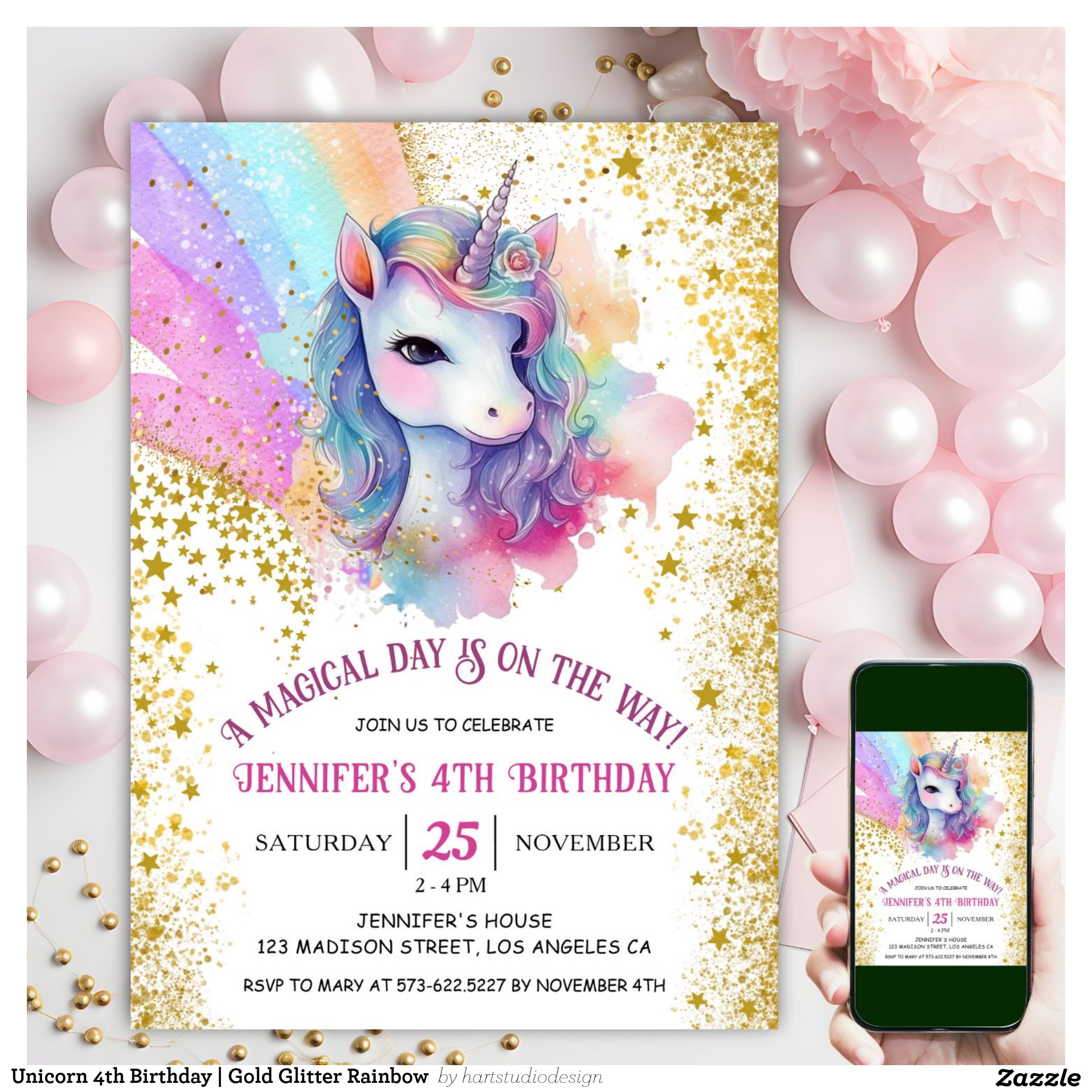 Unicorn 4th Birthday Gold Glitter Rainbow Invitation
