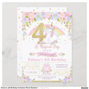 Unicorn 4th Birthday Invitation Floral Rainbow