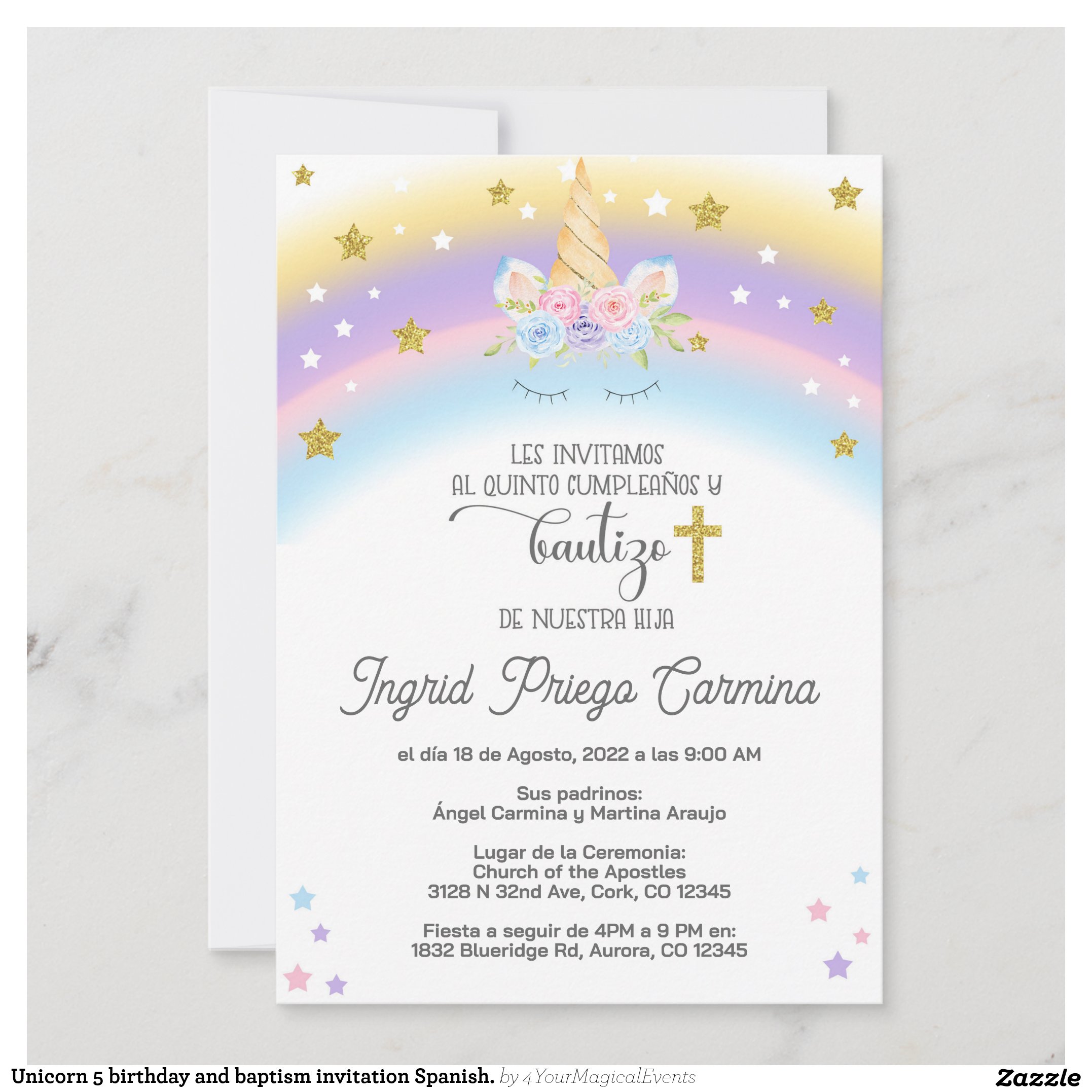Unicorn 5 birthday and baptism invitation Spanish.