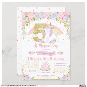 Unicorn 5th Birthday Invitation Floral Rainbow