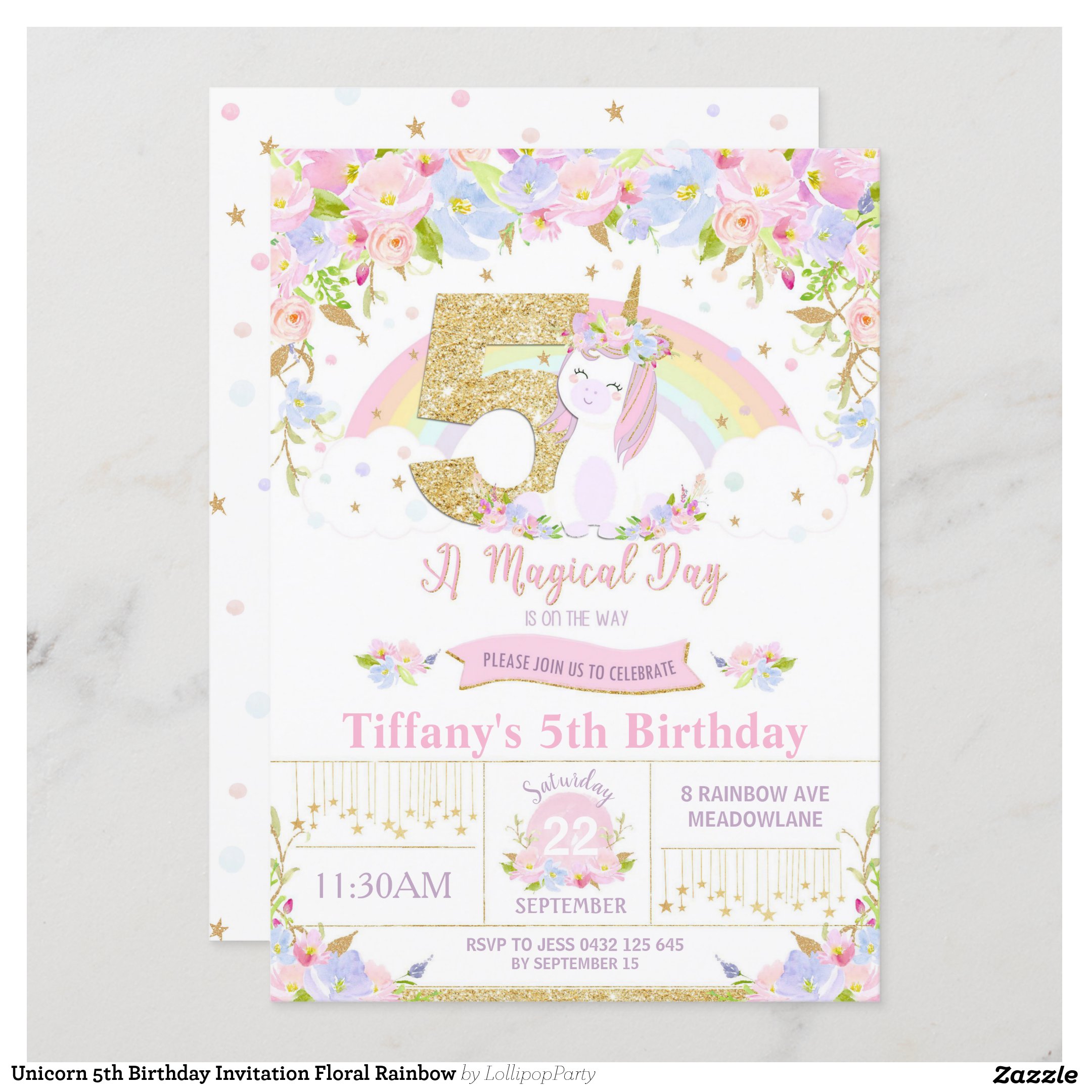 Unicorn 5th Birthday Invitation Floral Rainbow