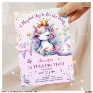 Unicorn 5th Birthday Invite Girl Pink & Gold