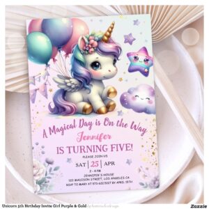 Unicorn 5th Birthday Invite Girl Purple & Gold