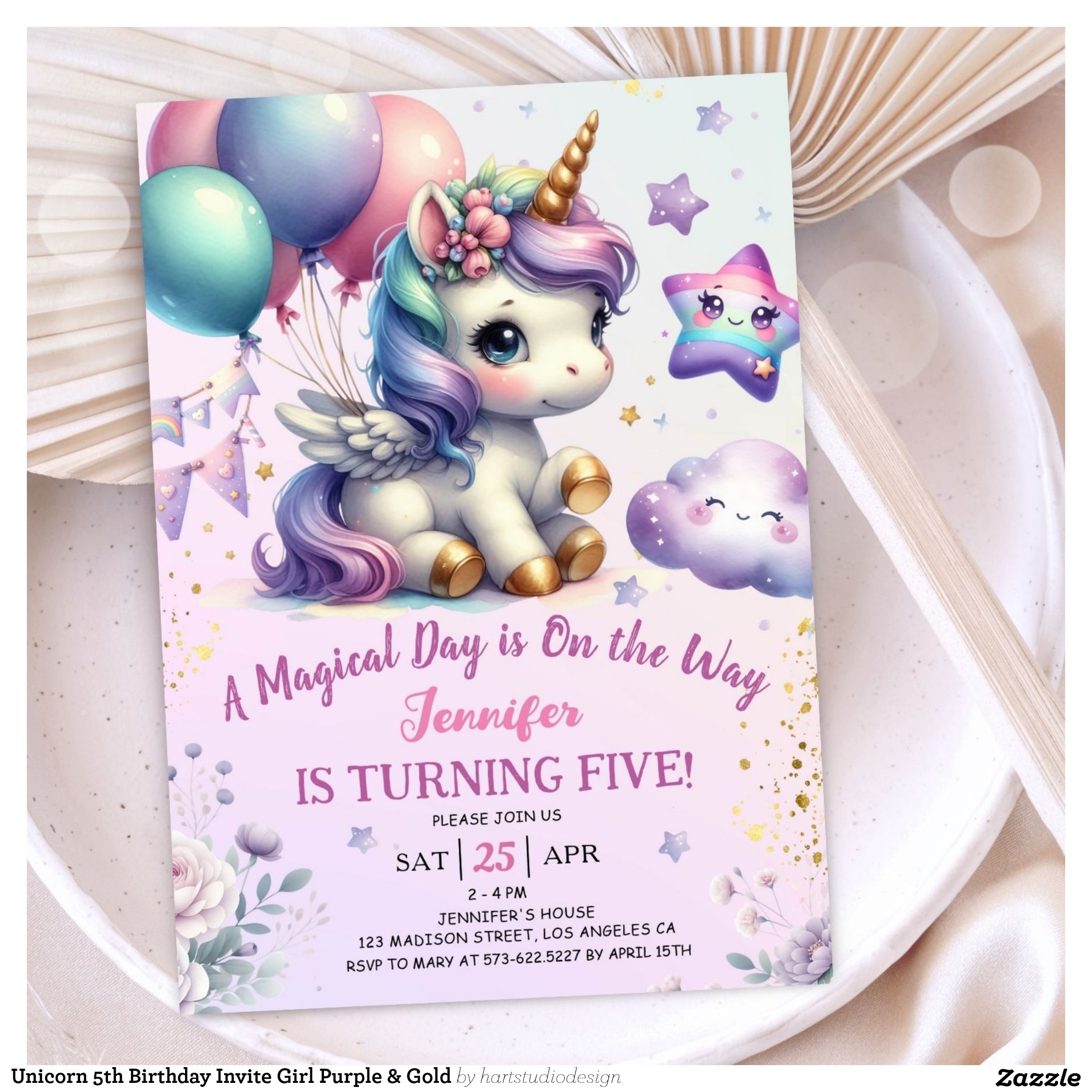 Unicorn 5th Birthday Invite Girl Purple & Gold