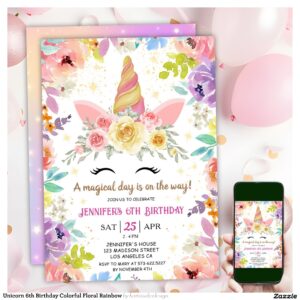 Unicorn 6th Birthday Colorful Floral Rainbow Invitation