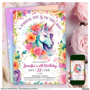 Unicorn 6th Birthday Floral Rainbow and Stars Invitation