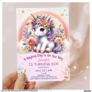 Unicorn 6th Birthday Girl Pink Floral Rainbow Invitation