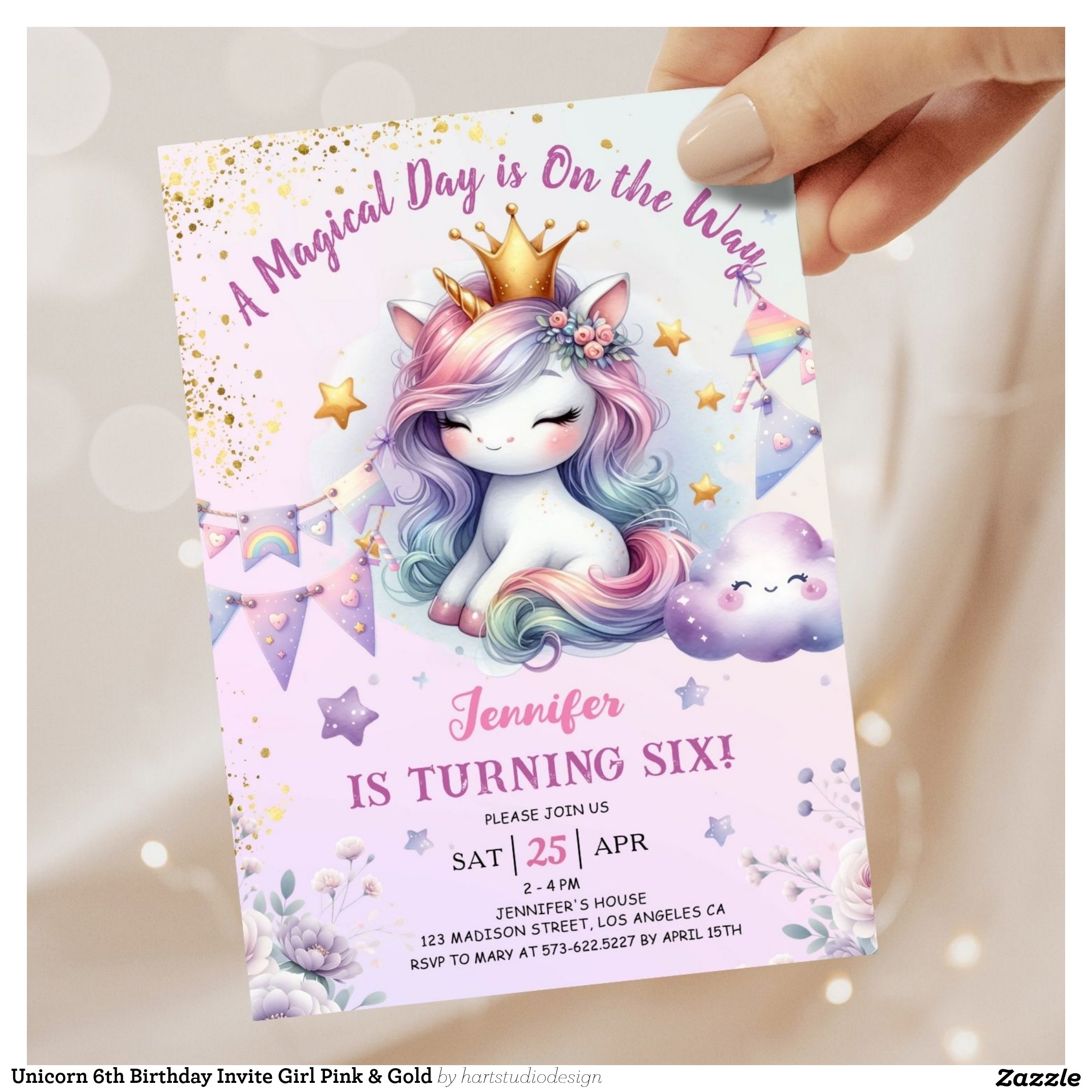 Unicorn 6th Birthday Invite Girl Pink & Gold