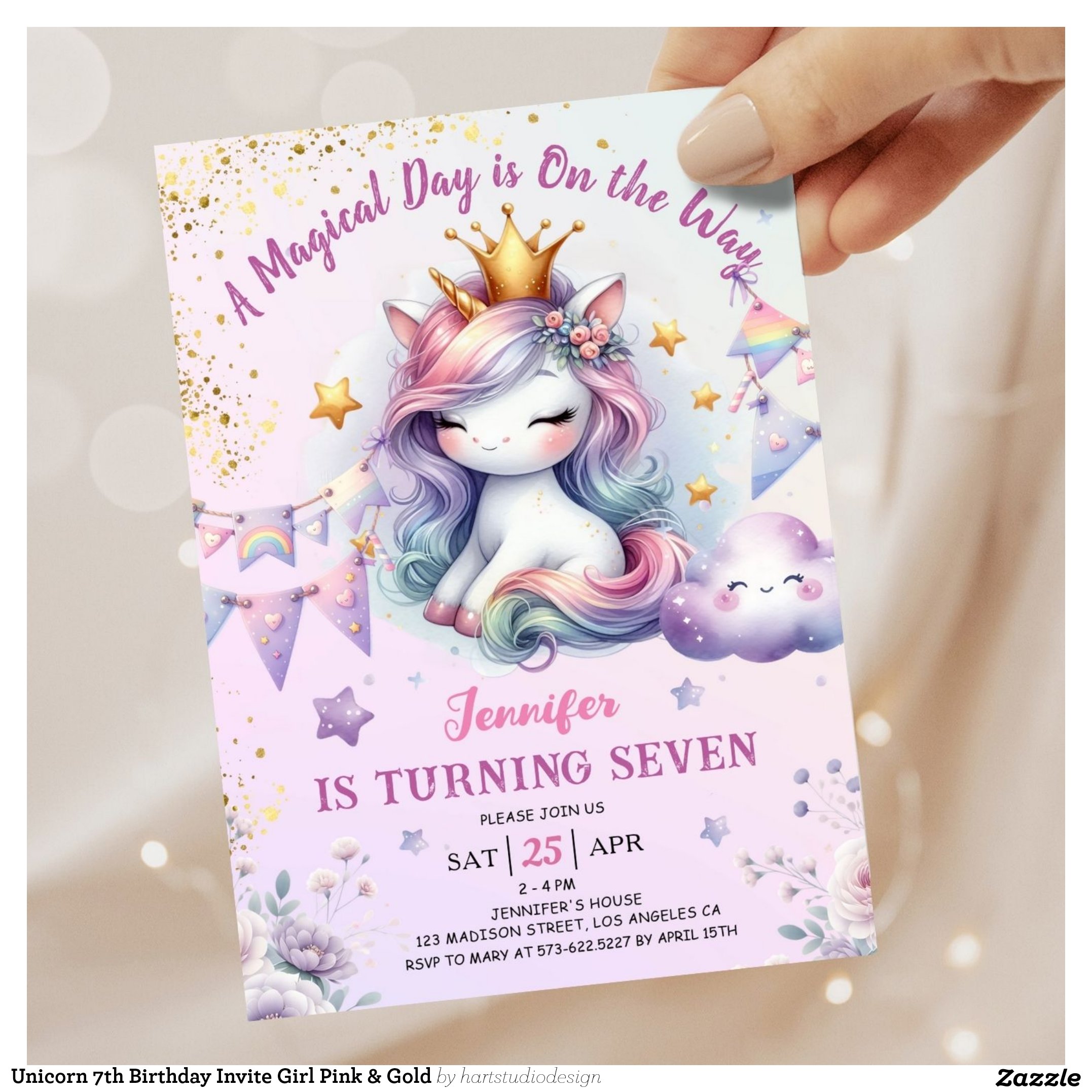 Unicorn 7th Birthday Invite Girl Pink & Gold