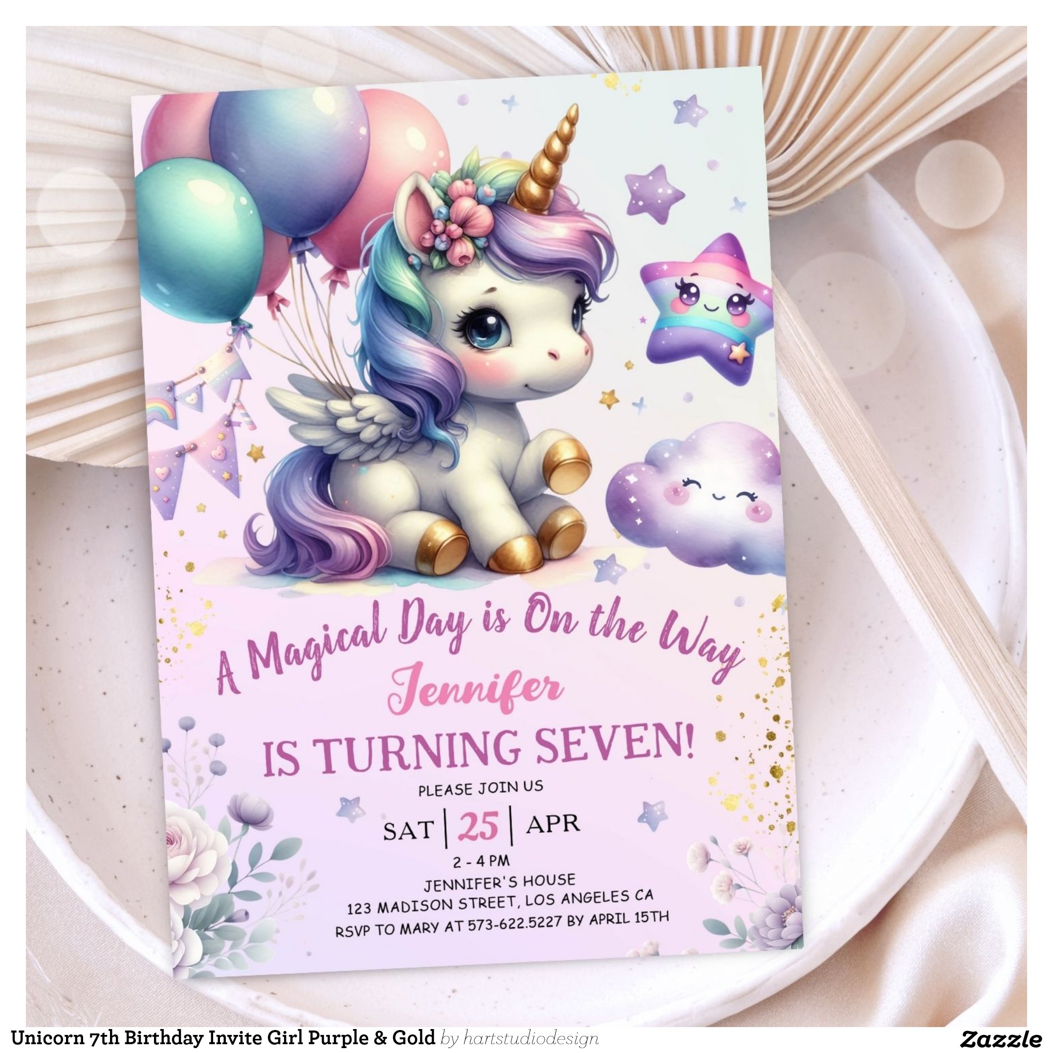 Unicorn 7th Birthday Invite Girl Purple & Gold