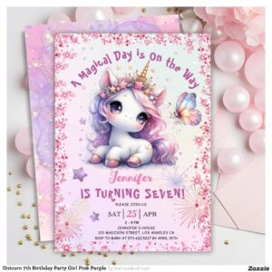 Unicorn 7th Birthday Party Girl Pink Purple Invitation