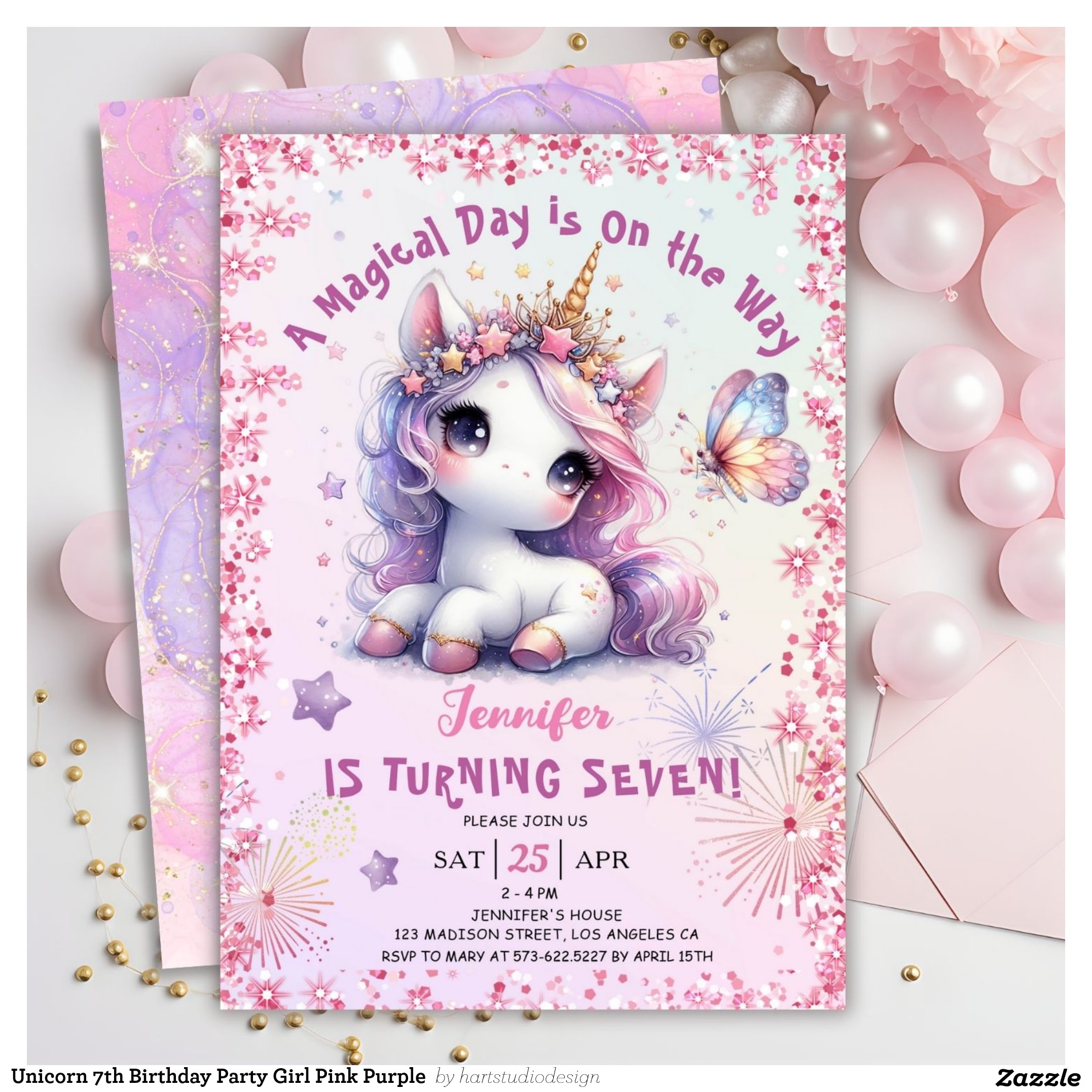 Unicorn 7th Birthday Party Girl Pink Purple Invitation