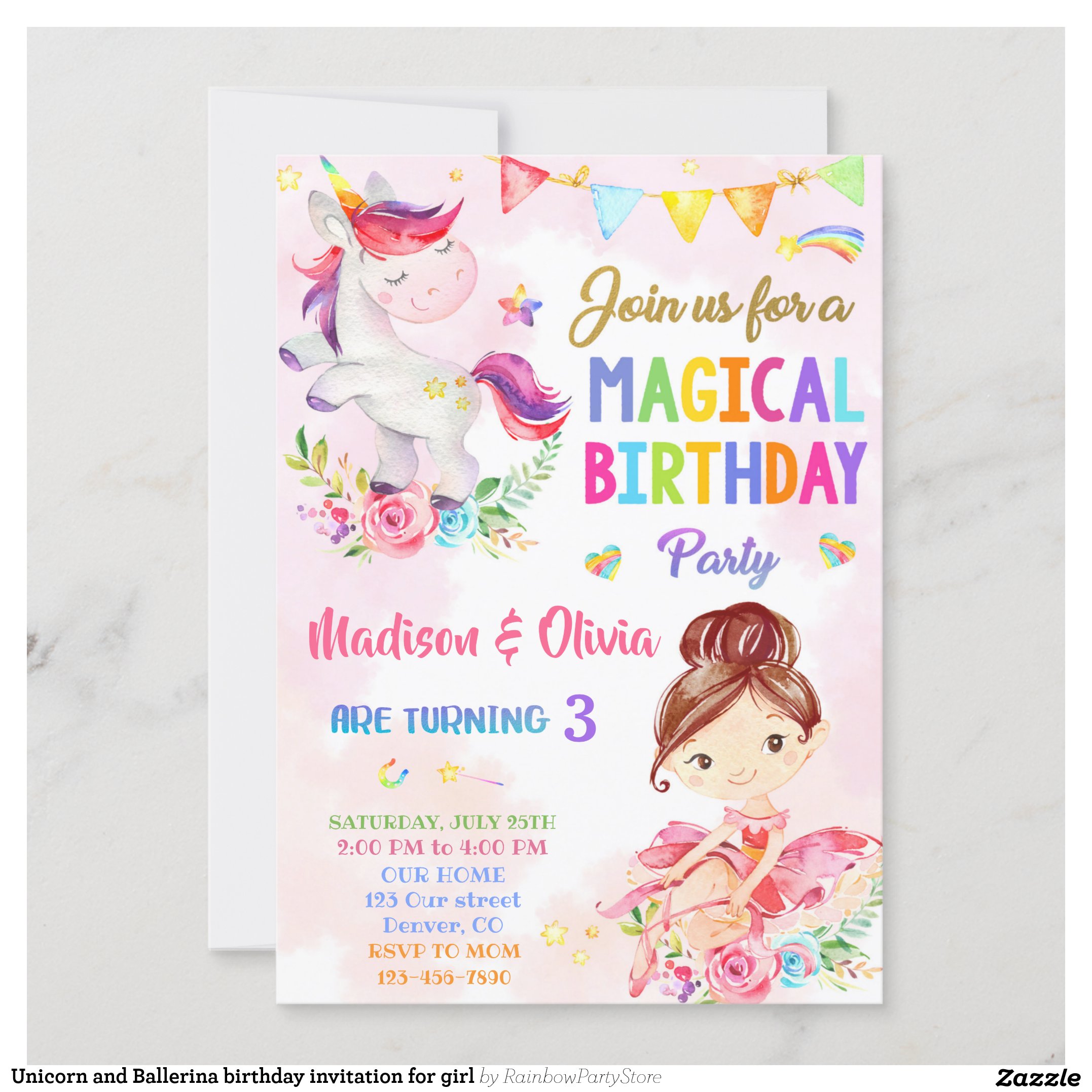 Unicorn and Ballerina birthday invitation for girl