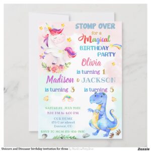 Unicorn and Dinosaur birthday invitation for three