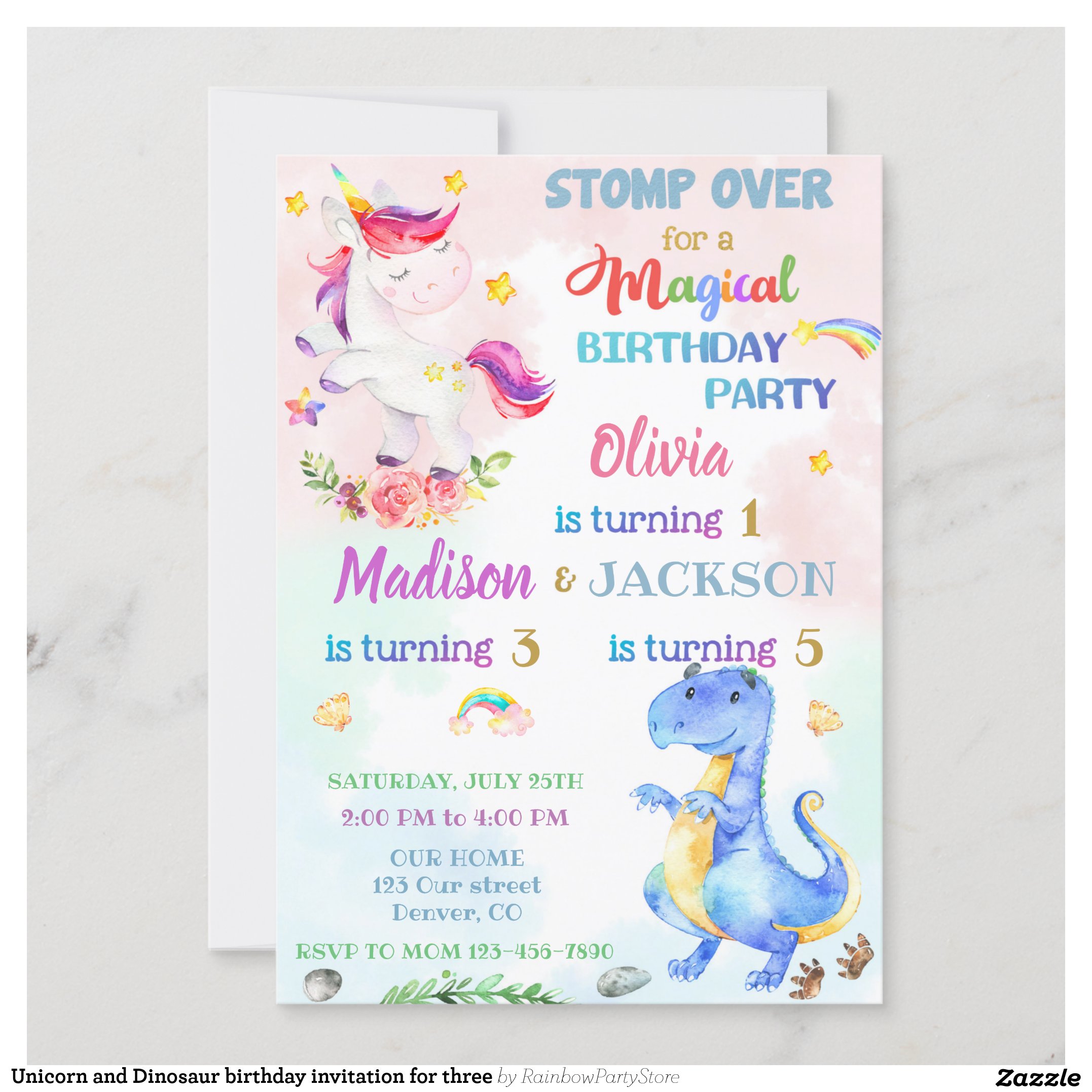 Unicorn and Dinosaur birthday invitation for three