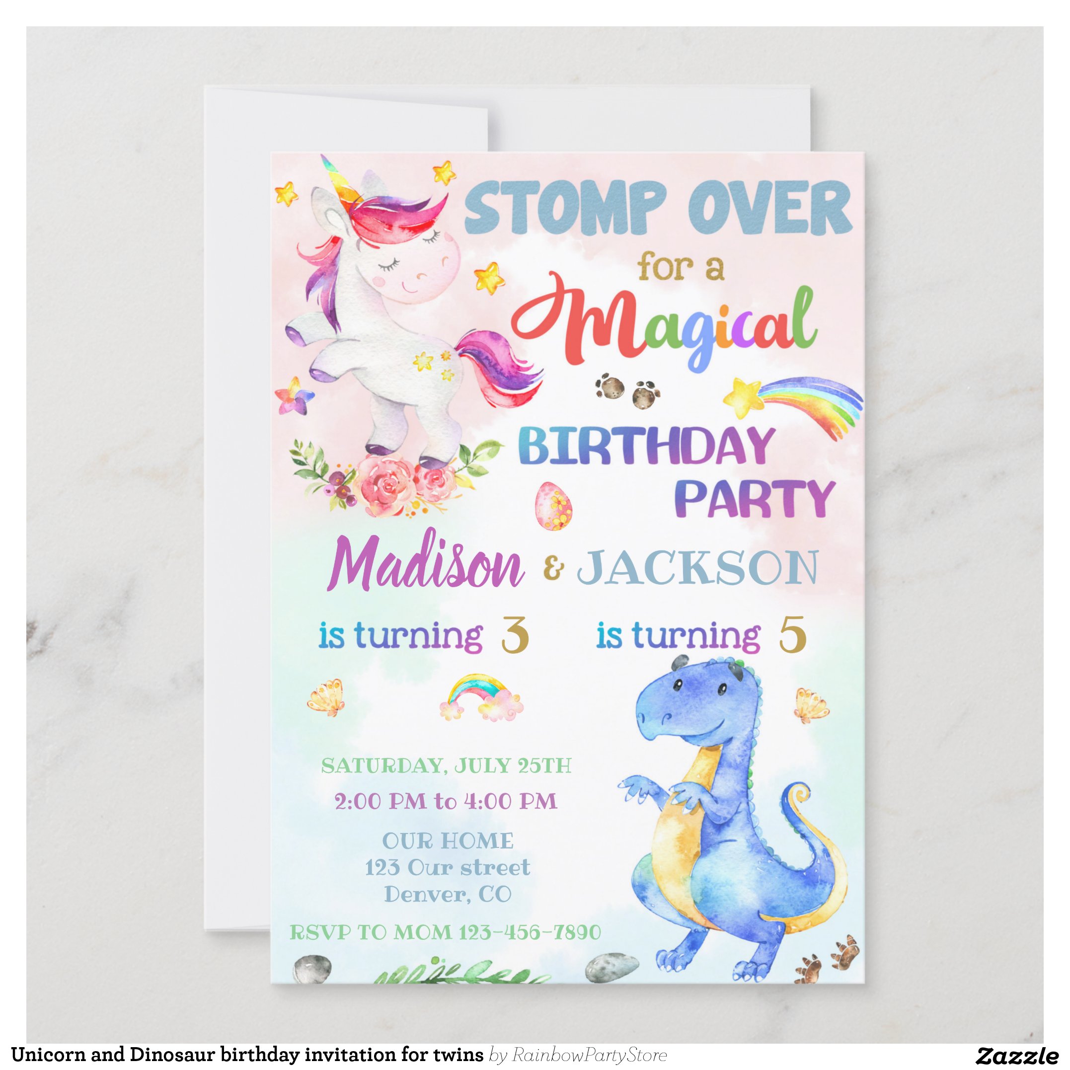 Unicorn and Dinosaur birthday invitation for twins