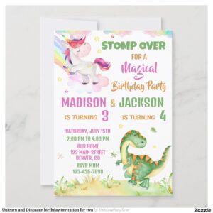 Unicorn and Dinosaur birthday invitation for two