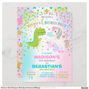 Unicorn And Dinosaur Birthday Invitation Siblings