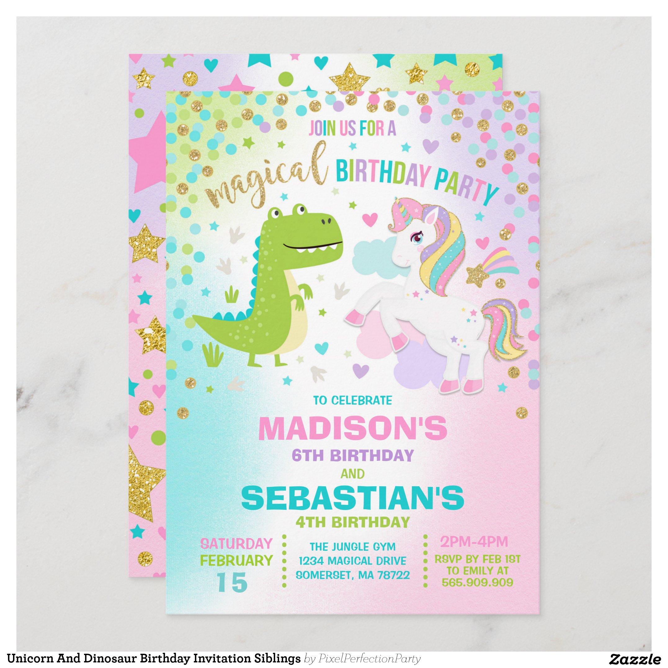 Unicorn And Dinosaur Birthday Invitation Siblings