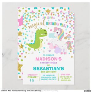 Unicorn And Dinosaur Birthday Invitation Siblings