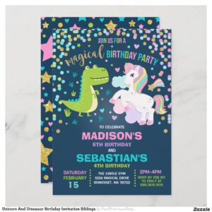 Unicorn And Dinosaur Birthday Invitation Siblings