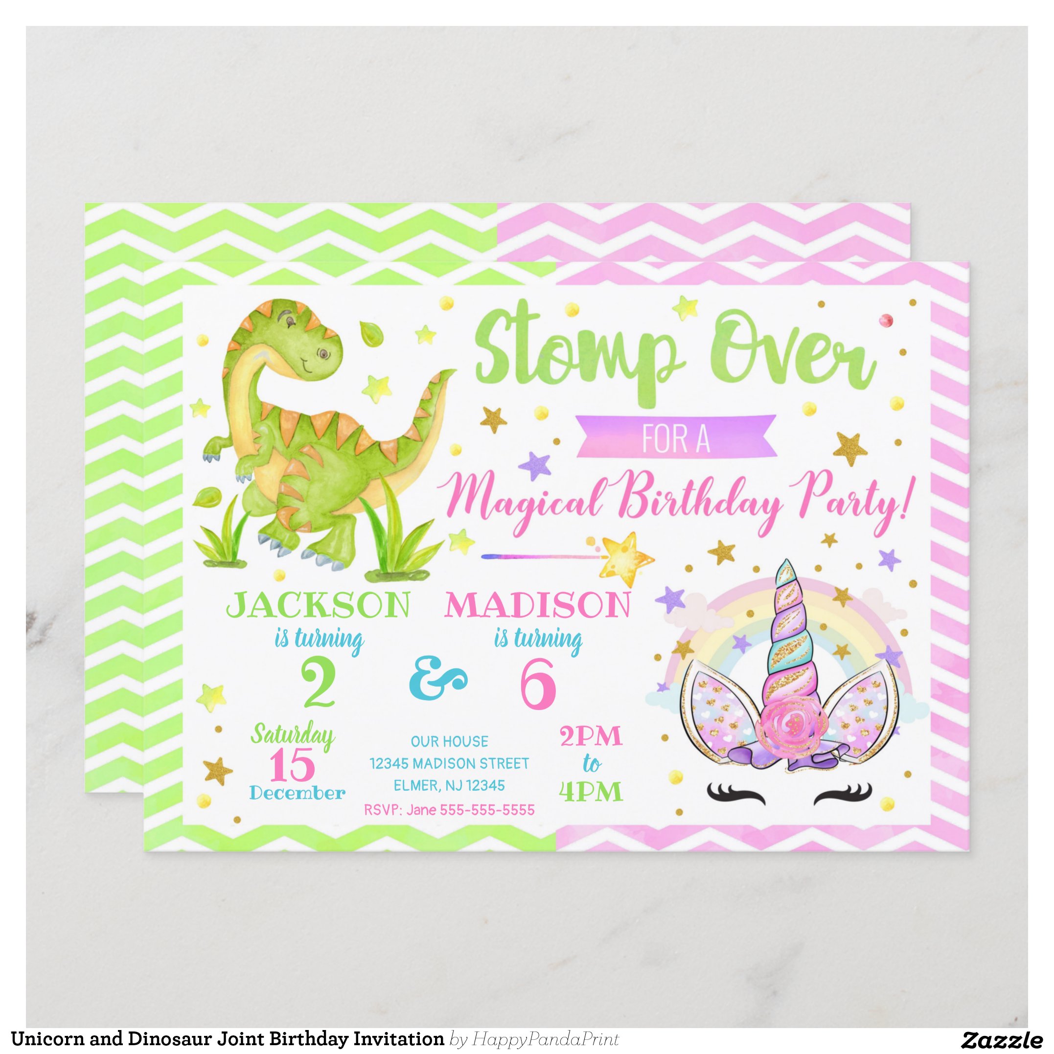Unicorn and Dinosaur Joint Birthday Invitation