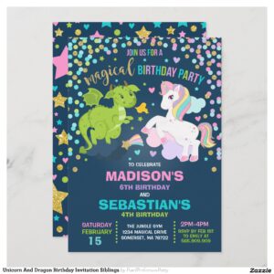 Unicorn And Dragon Birthday Invitation Siblings