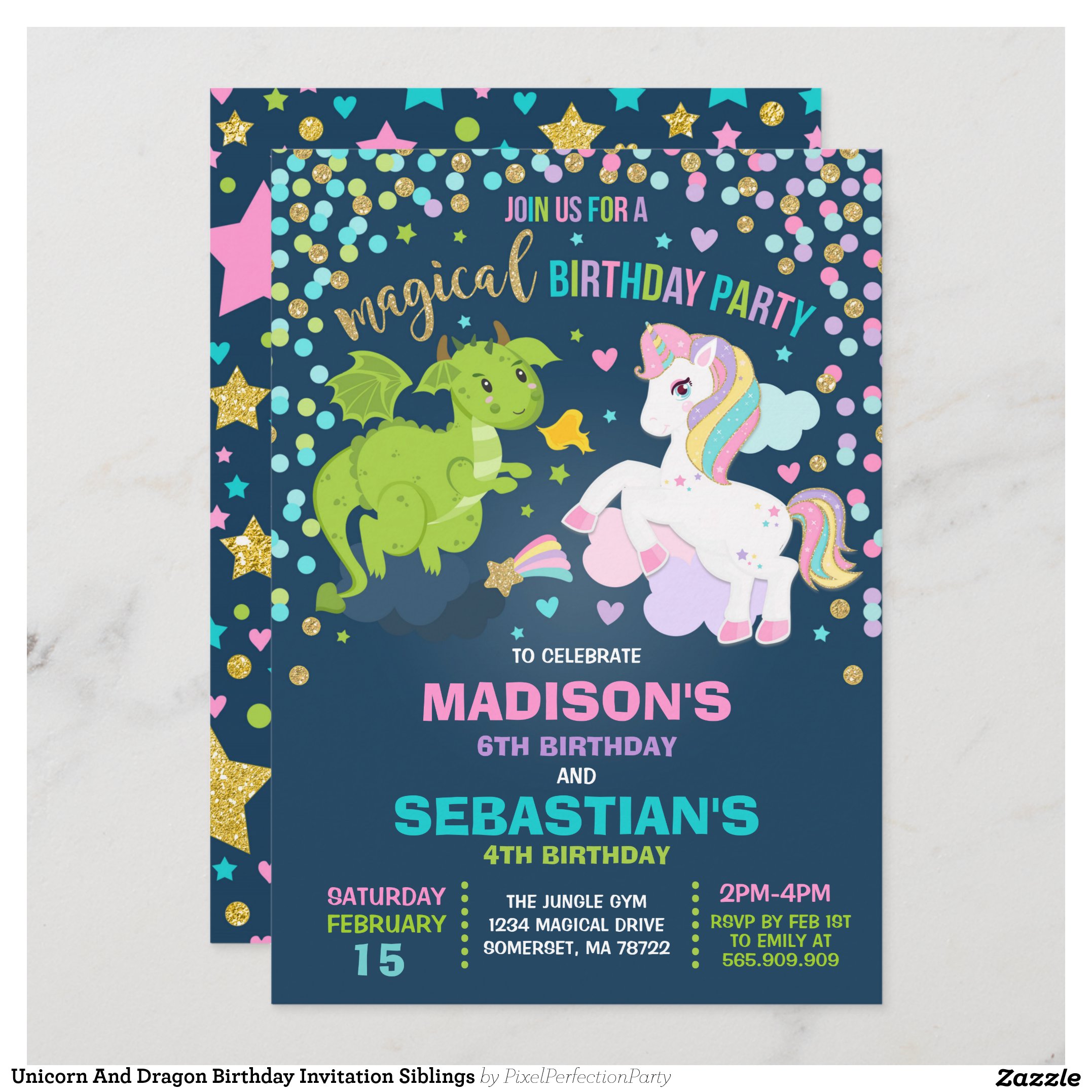 Unicorn And Dragon Birthday Invitation Siblings