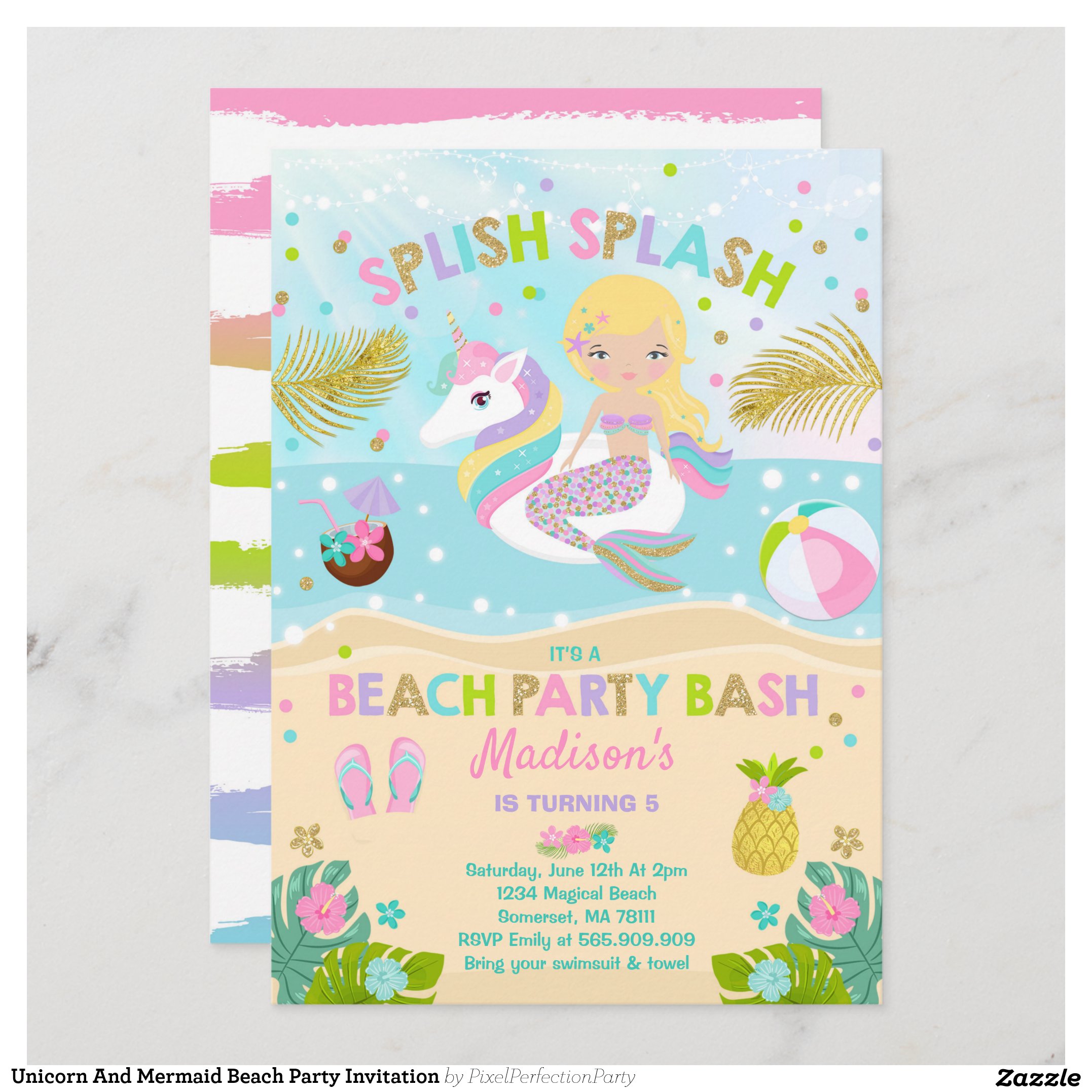 Unicorn And Mermaid Beach Party Invitation