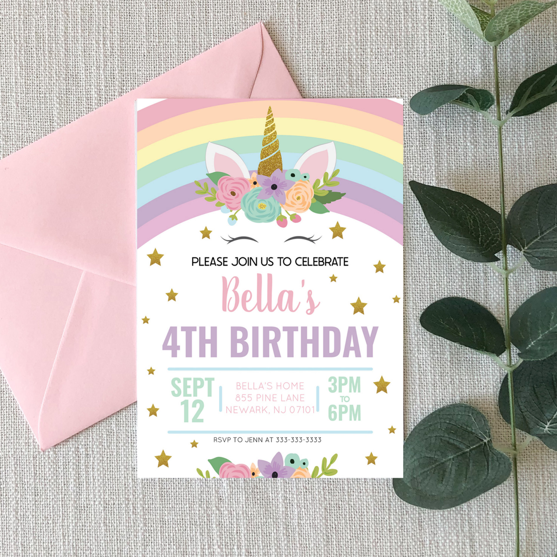 Unicorn and Rainbows Birthday Party Invitation